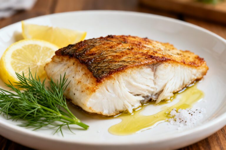 Air fryer baked cod with a lightly seasoned golden crust, flaky white fish, and fresh lemon wedges