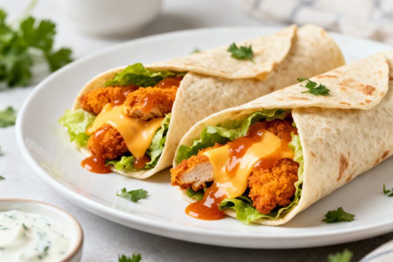 Air fryer buffalo chicken wraps filled with crispy buffalo chicken, lettuce, melted cheese, and spicy buffalo sauce
