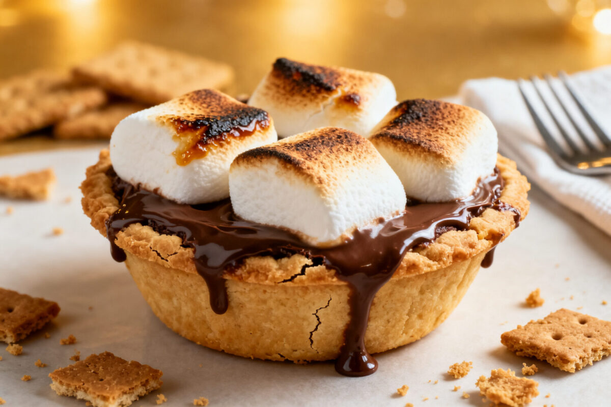 Air fryer mini smores pie with toasted marshmallows, melted chocolate filling, and a buttery pie crust