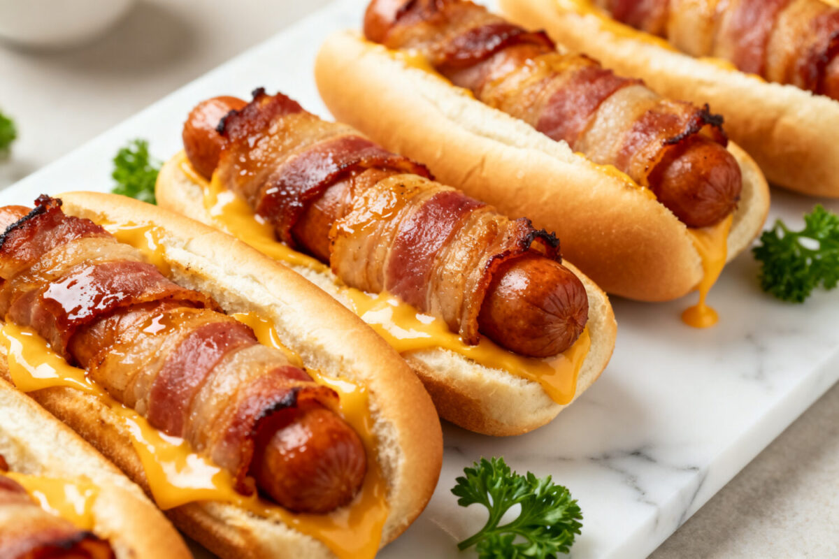 Air fryer bacon wrapped hot dogs topped with melted cheese and wrapped in crispy smoky bacon