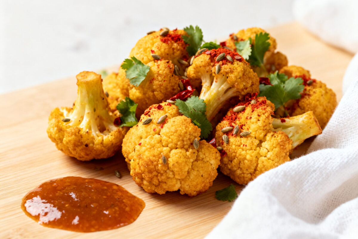 Indian style air fryer cauliflower with crispy roasted florets, warm spices, cilantro, and chili flakes