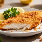 Panko crusted air fryer tilapia with a crispy golden breadcrumb coating, flaky white fish, and fresh lemon wedges