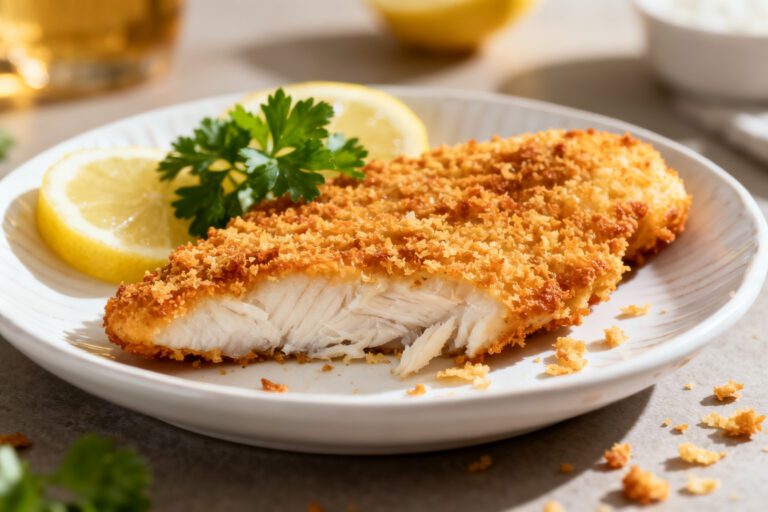 Panko crusted air fryer tilapia with a crispy golden breadcrumb coating, flaky white fish, and fresh lemon wedges