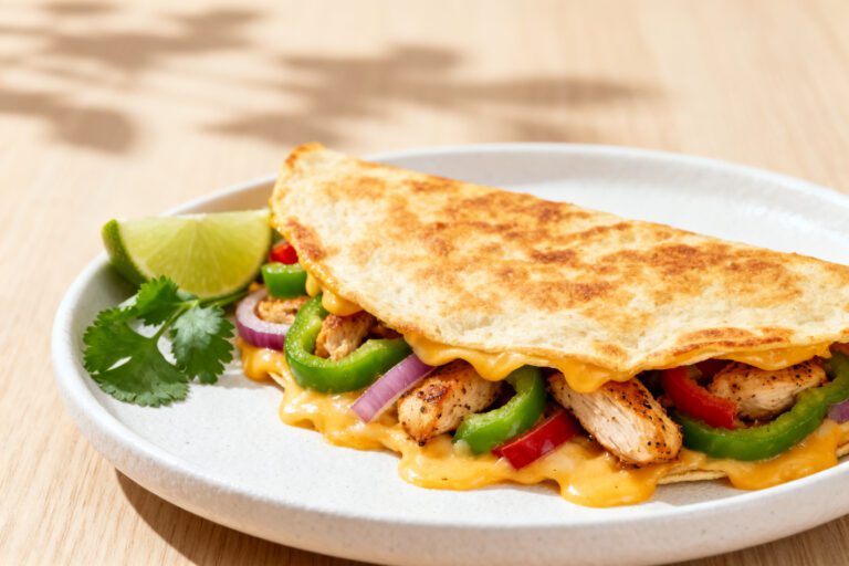 Easy air fryer quesadilla with juicy chicken, melted cheese, bell peppers, and onions in a crispy golden tortilla