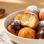 Air fryer donut balls with a soft fluffy center, cinnamon sugar coating, powdered sugar, and chocolate drizzle