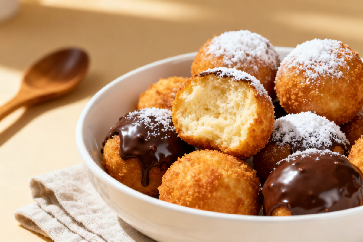 Air fryer donut balls with a soft fluffy center, cinnamon sugar coating, powdered sugar, and chocolate drizzle
