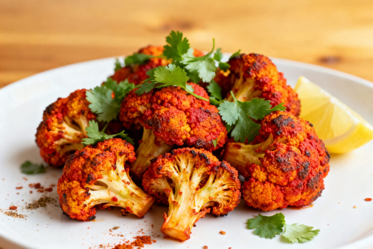 Air fryer tandoori cauliflower with crispy roasted florets, bold Indian spices, fresh cilantro, and lemon wedges