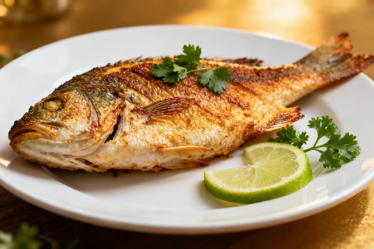 Whole air fryer tilapia with crispy golden skin, tender flaky flesh, and fresh lime wedges