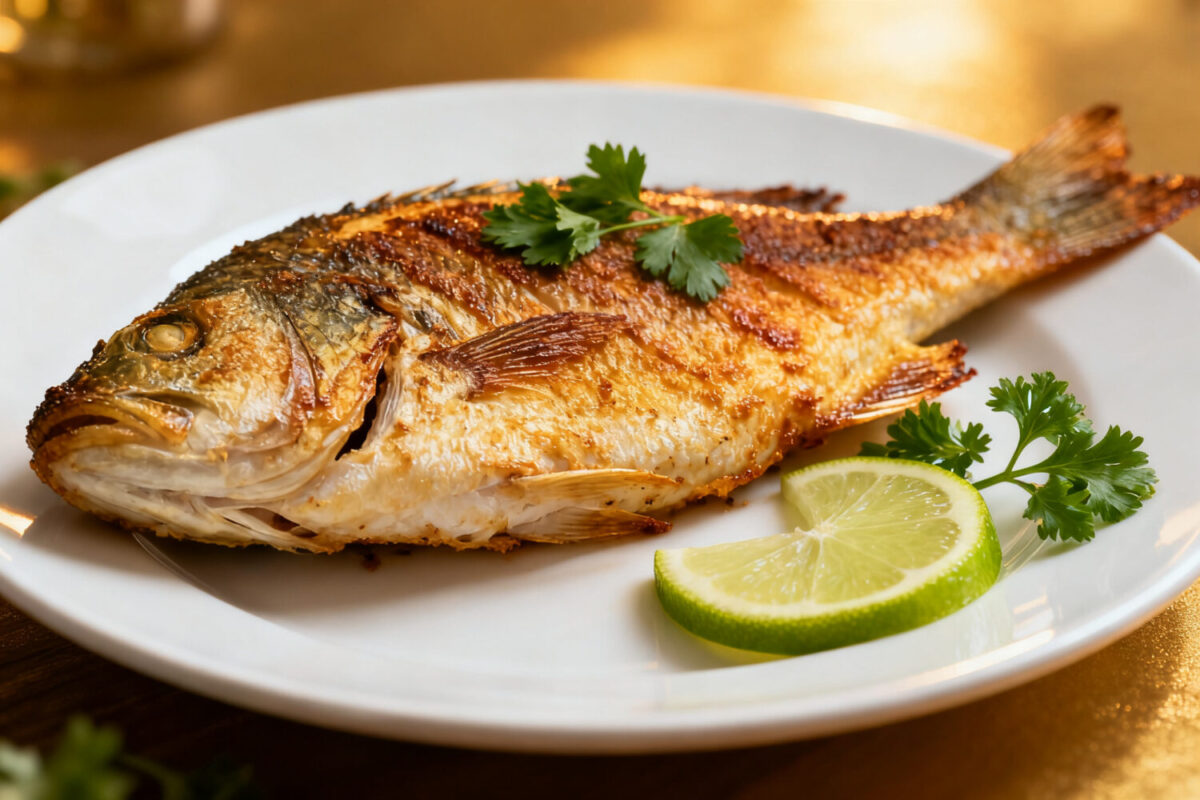 Whole air fryer tilapia with crispy golden skin, tender flaky flesh, and fresh lime wedges