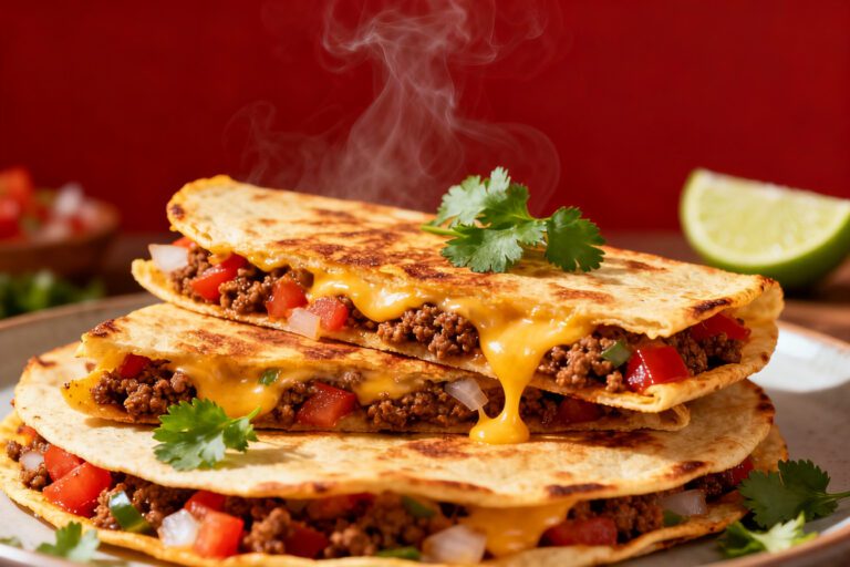 Air fryer ground beef quesadillas with seasoned beef, melted cheddar cheese, peppers, and crispy golden tortillas