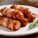 Air fryer bacon wrapped sausages with crispy smoky bacon, juicy sausage centers, and savory flavor