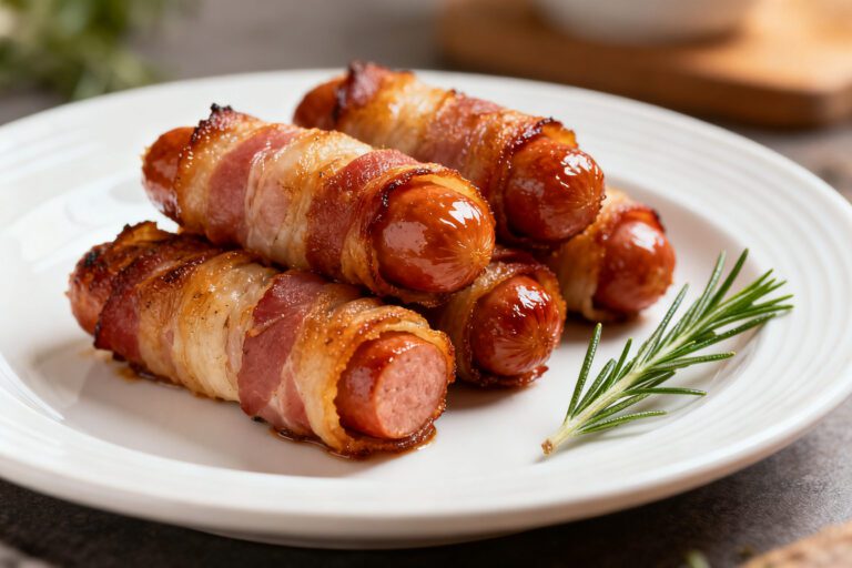 Air fryer bacon wrapped sausages with crispy smoky bacon, juicy sausage centers, and savory flavor
