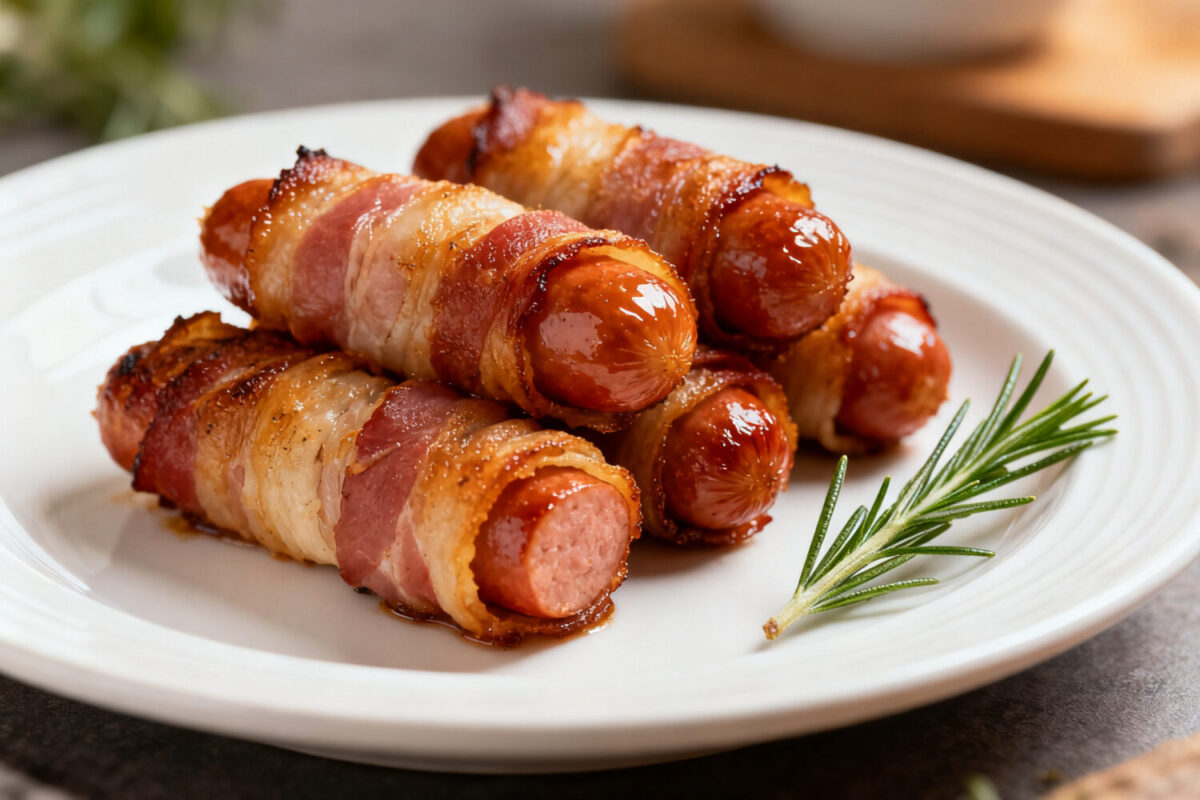 Air fryer bacon wrapped sausages with crispy smoky bacon, juicy sausage centers, and savory flavor
