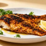 Air fryer blackened tilapia with a bold Cajun style seasoning crust, flaky white fish, and fresh lemon wedges