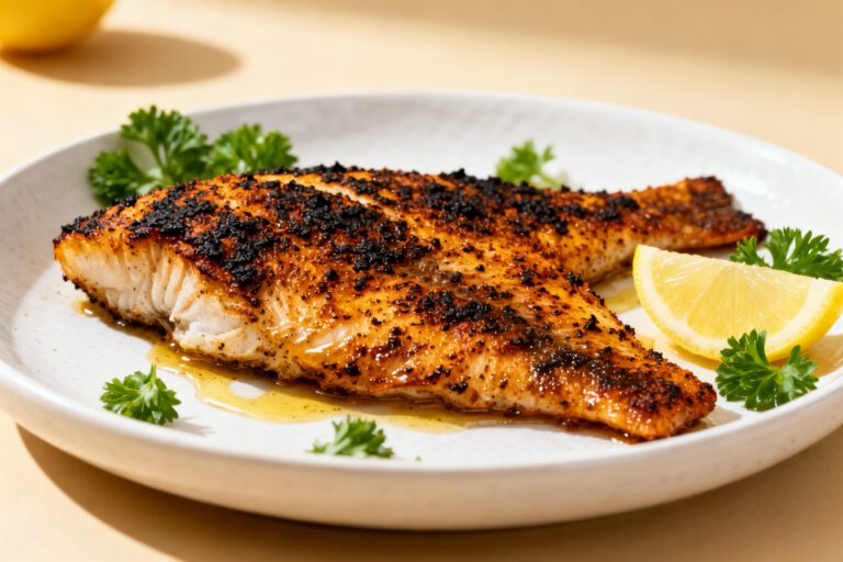 Air fryer blackened tilapia with a bold Cajun style seasoning crust, flaky white fish, and fresh lemon wedges