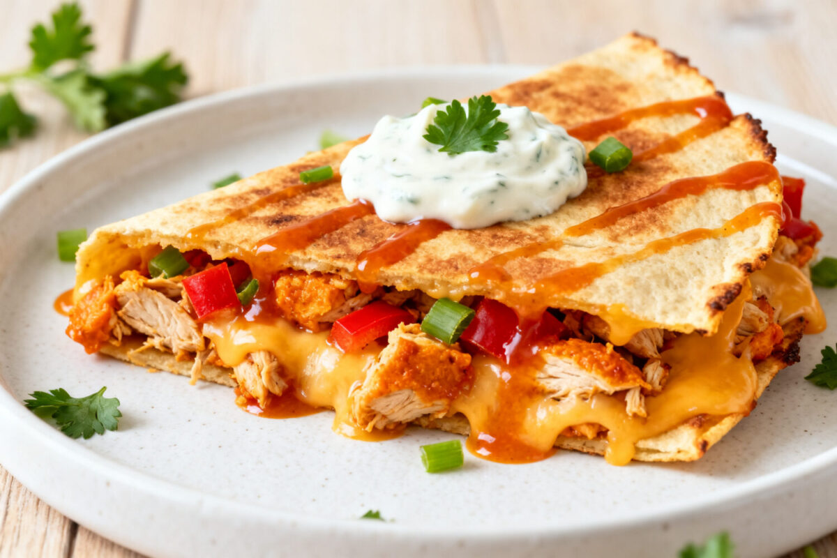 Air fryer buffalo chicken quesadilla filled with spicy buffalo chicken, melted cheese, peppers, and creamy ranch topping