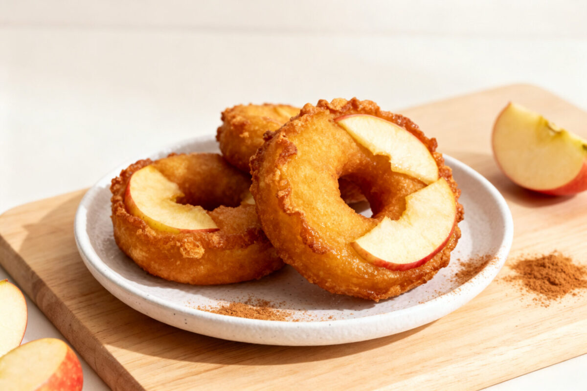 Air fryer apple ring donuts coated with cinnamon sugar and made with fresh apple slices and golden donut batter