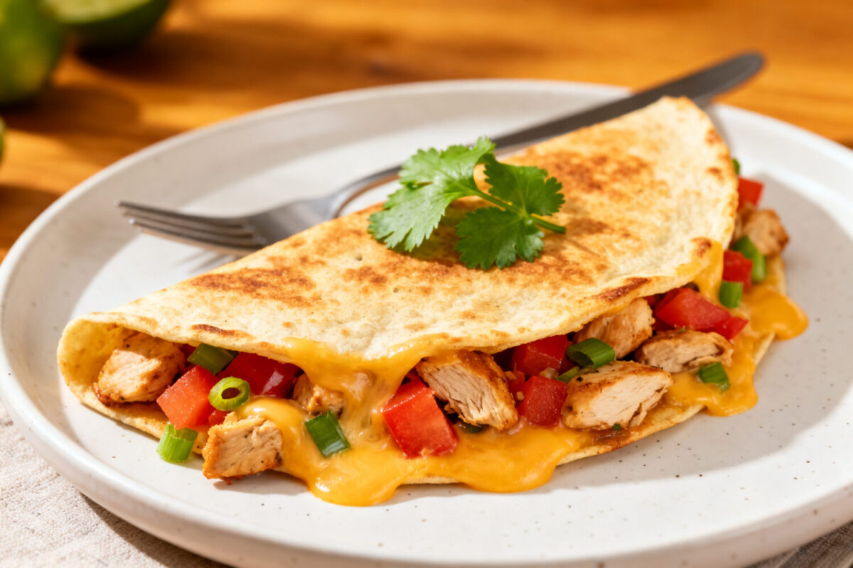 Air fryer chicken quesadilla with juicy chicken, melted cheddar cheese, peppers, and a crispy golden tortilla