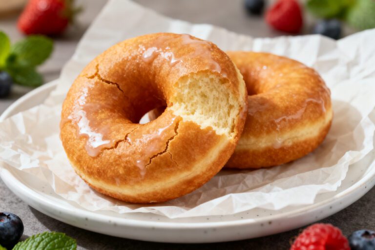 Air fryer no yeast donuts with a soft fluffy texture and sweet vanilla glaze on top