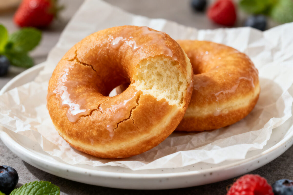 Air fryer no yeast donuts with a soft fluffy texture and sweet vanilla glaze on top