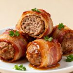 Air fryer bacon wrapped meatballs with crispy smoky bacon, juicy beef filling, and a sweet savory glaze