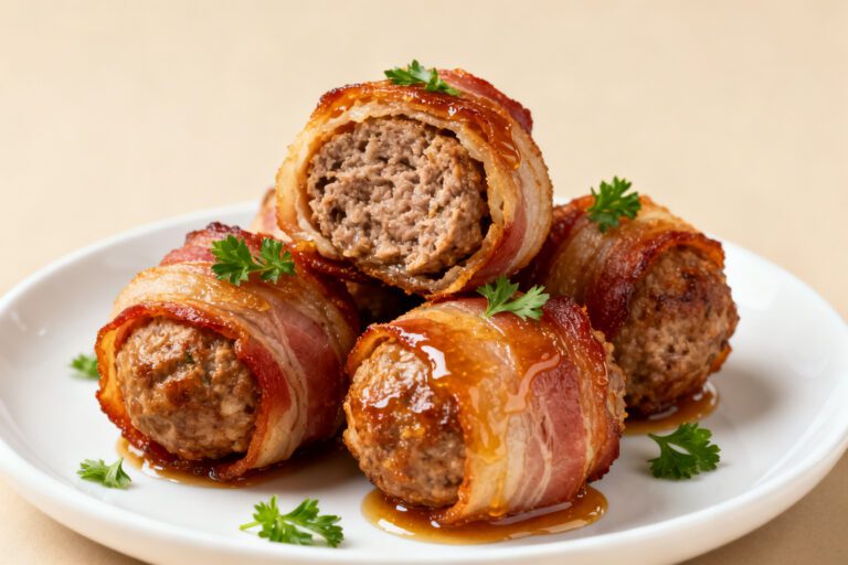 Air fryer bacon wrapped meatballs with crispy smoky bacon, juicy beef filling, and a sweet savory glaze