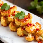 Air fryer sweet chili cauliflower bites coated in a sticky sweet chili glaze and topped with fresh cilantro and red chili pieces