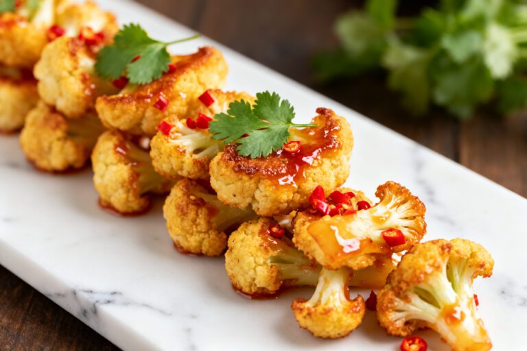 Air fryer sweet chili cauliflower bites coated in a sticky sweet chili glaze and topped with fresh cilantro and red chili pieces