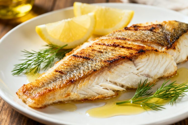 Air fryer tilapia fillets with crispy golden skin, tender flaky fish, fresh dill, and lemon wedges
