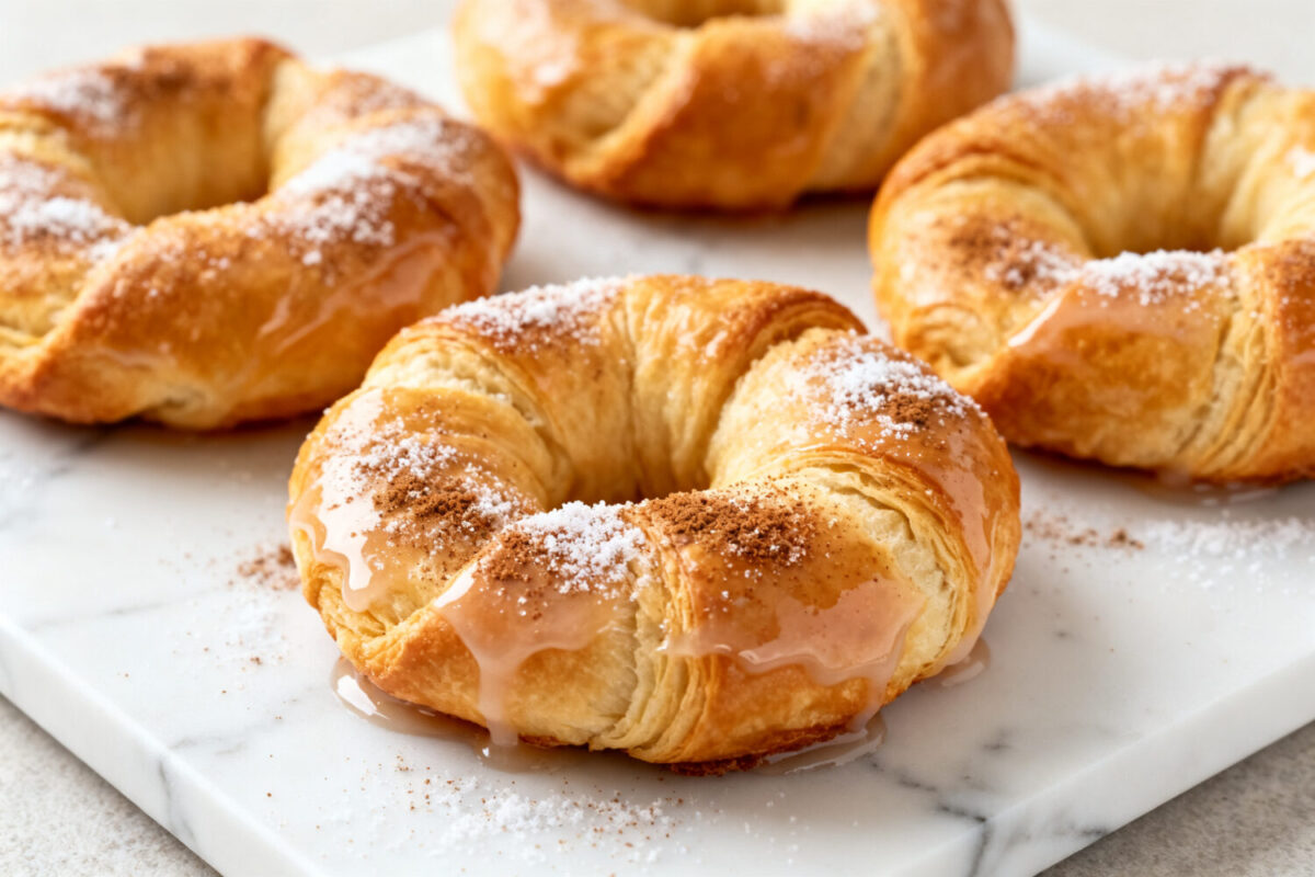 Air fryer crescent roll donuts with flaky buttery layers, sweet glaze, and a dusting of powdered sugar