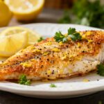 Air fryer lemon pepper tilapia with flaky white fish, fresh lemon zest, cracked black pepper, and lemon wedges