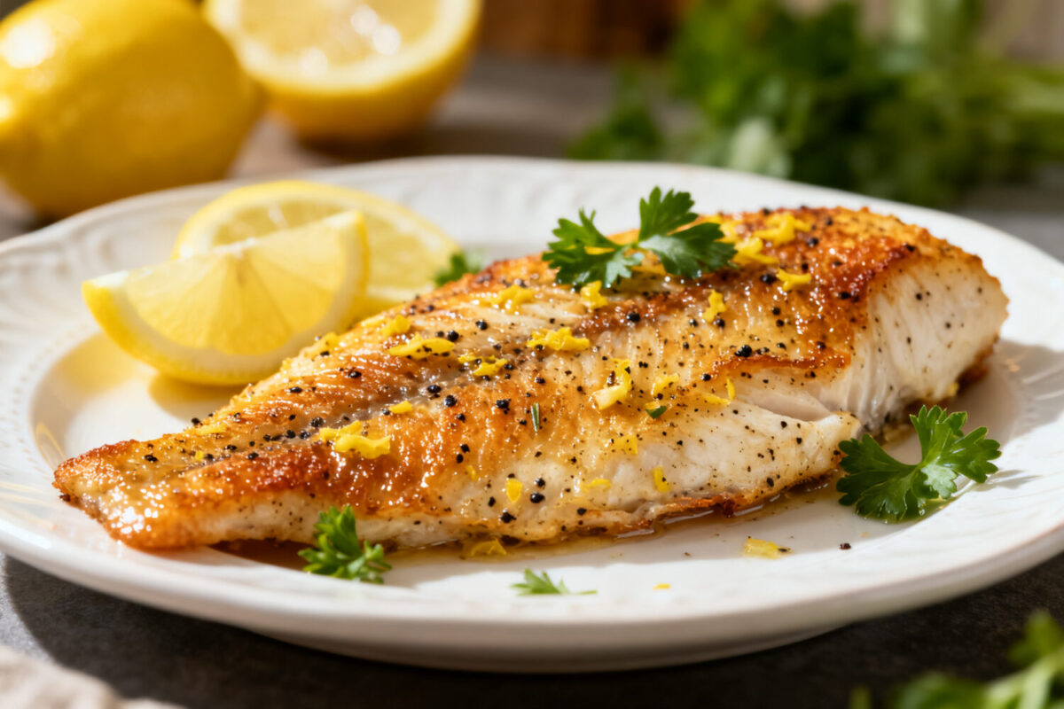 Air fryer lemon pepper tilapia with flaky white fish, fresh lemon zest, cracked black pepper, and lemon wedges