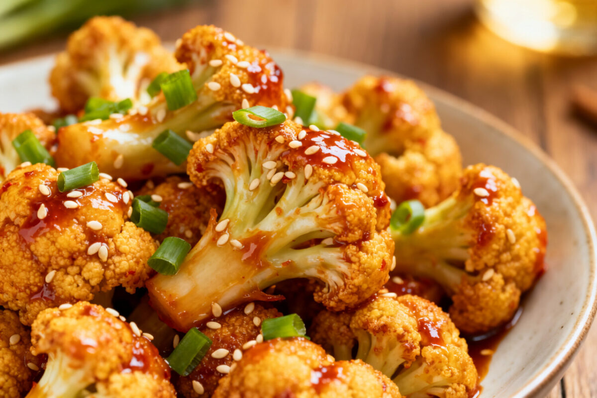 Air fryer Korean cauliflower coated in a sticky spicy sauce and topped with sesame seeds and green onions