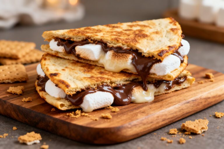 Air fryer smores quesadilla filled with melted chocolate, gooey marshmallows, and crispy golden tortillas