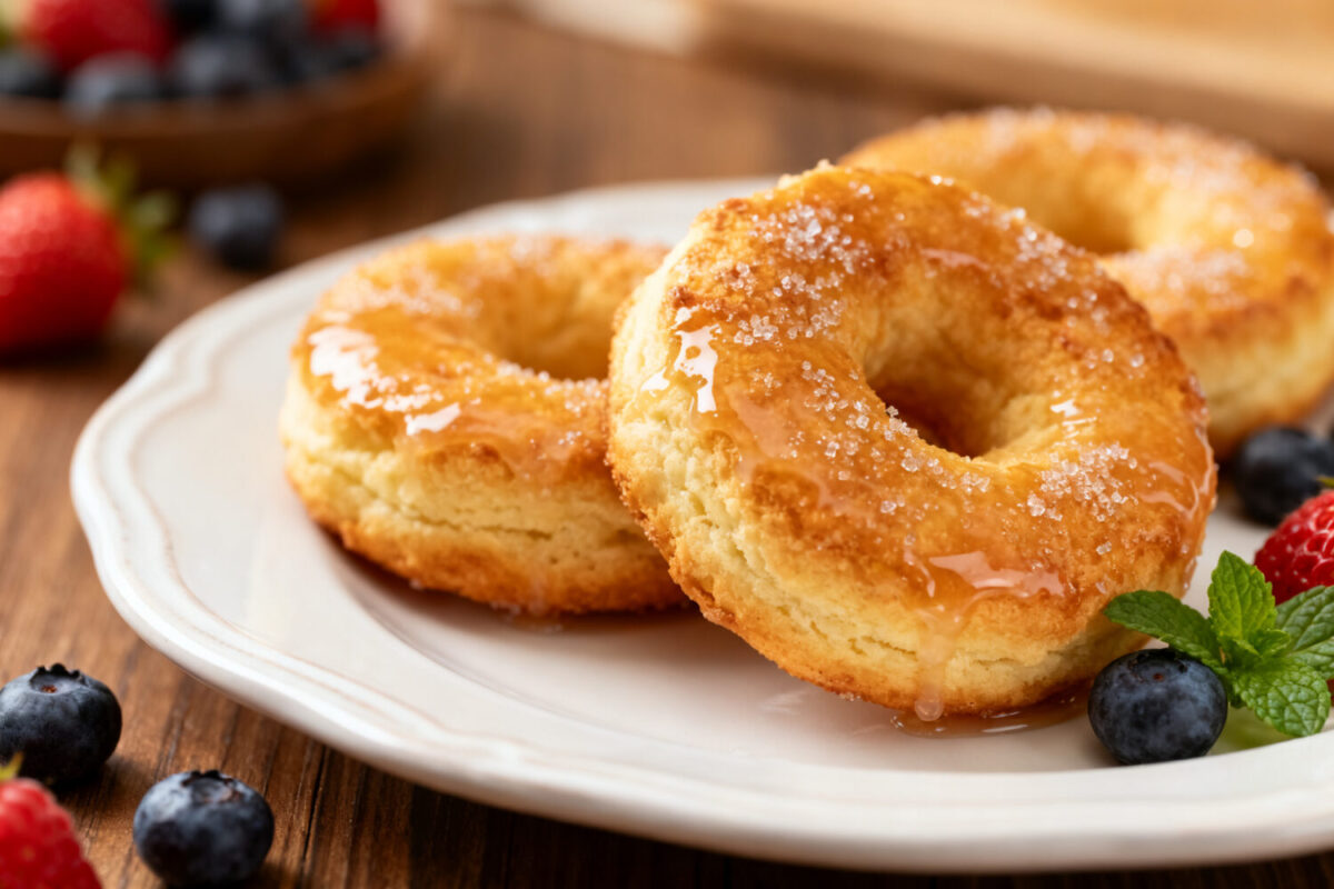 Air fryer biscuit donuts with a soft fluffy center, sweet glaze, and golden homemade bakery style texture