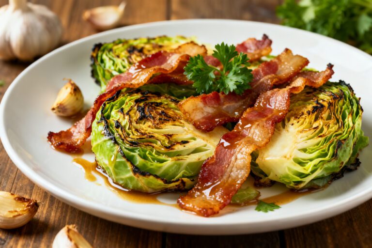 Air fryer cabbage with bacon featuring crispy roasted cabbage wedges, smoky bacon, and savory caramelized flavor