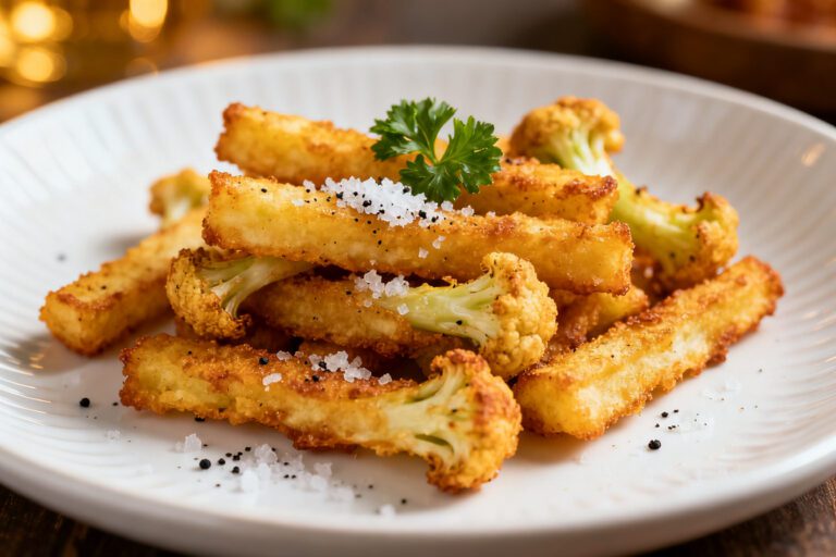 Air fryer cauliflower fries with crispy golden edges, tender cauliflower stems, and savory seasoning