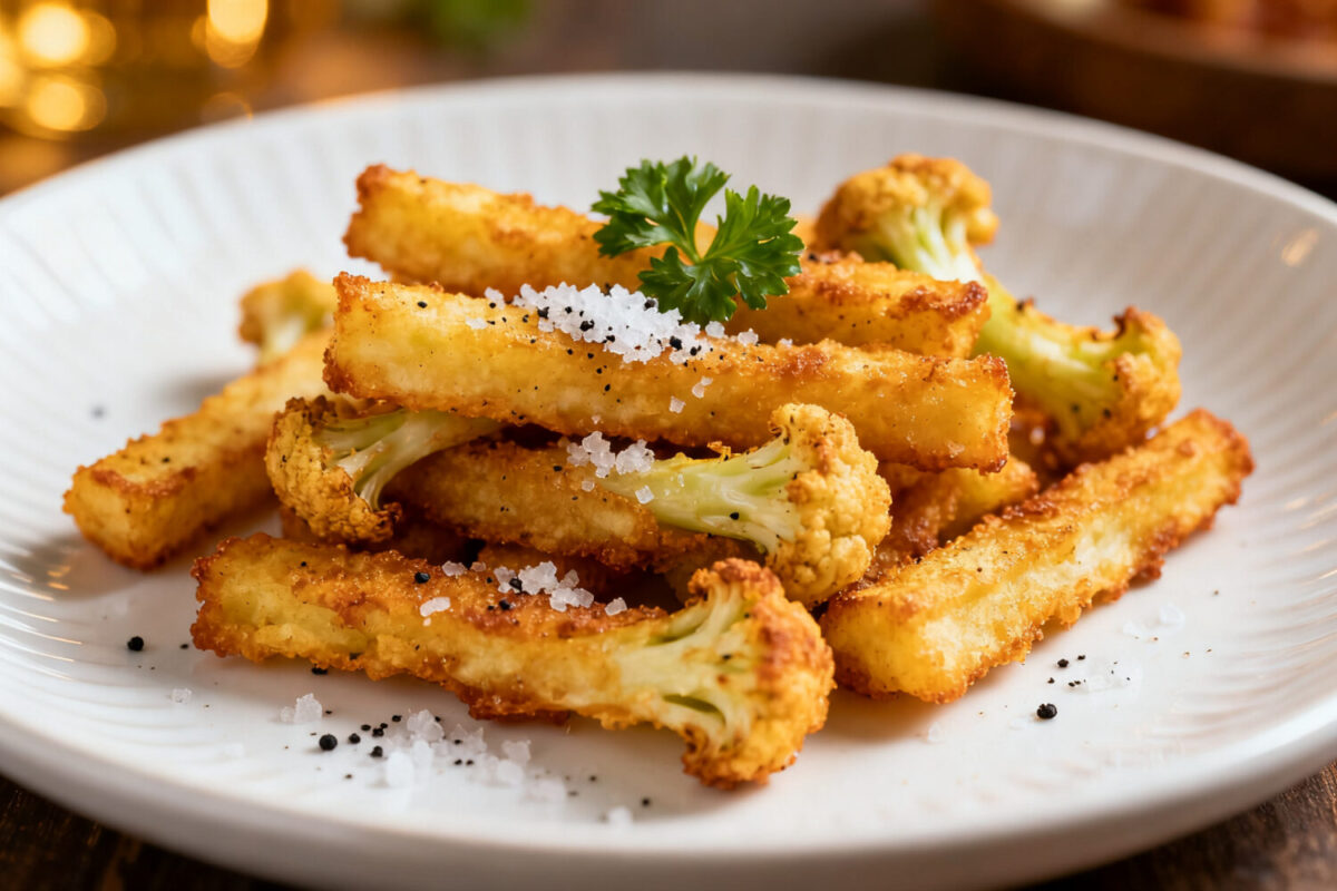 Air fryer cauliflower fries with crispy golden edges, tender cauliflower stems, and savory seasoning