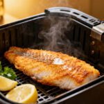 Frozen tilapia in air fryer with a crispy golden exterior, flaky white fish, and fresh lemon wedges