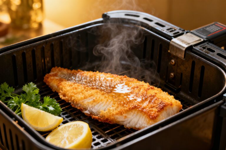 Frozen tilapia in air fryer with a crispy golden exterior, flaky white fish, and fresh lemon wedges