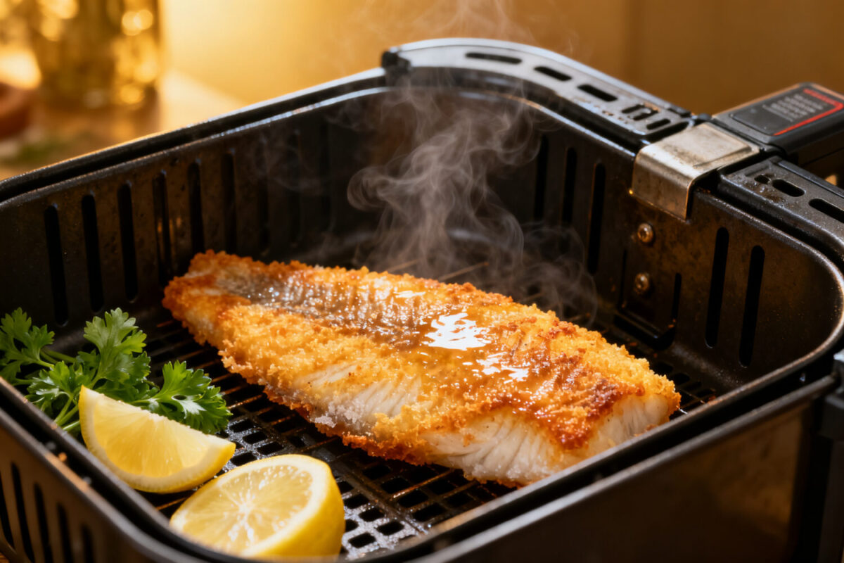 Frozen tilapia in air fryer with a crispy golden exterior, flaky white fish, and fresh lemon wedges