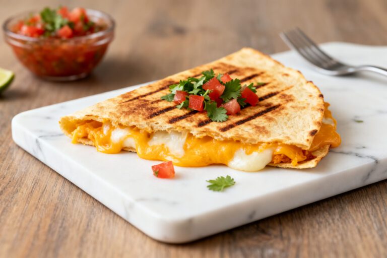 Air fryer cheese quesadilla with gooey melted cheese, crispy grilled tortilla, and fresh tomato garnish