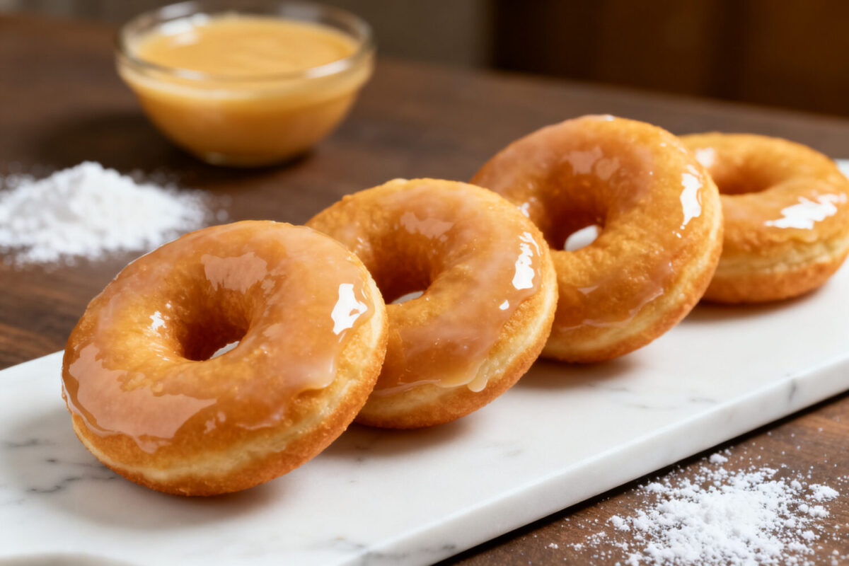 Air fryer glazed donuts with a soft fluffy texture and a sweet vanilla glaze coating every bite