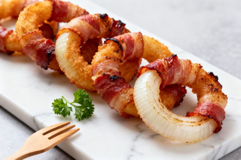 Air fryer bacon wrapped onion rings with crispy bacon, sweet tender onions, and a perfectly roasted finish