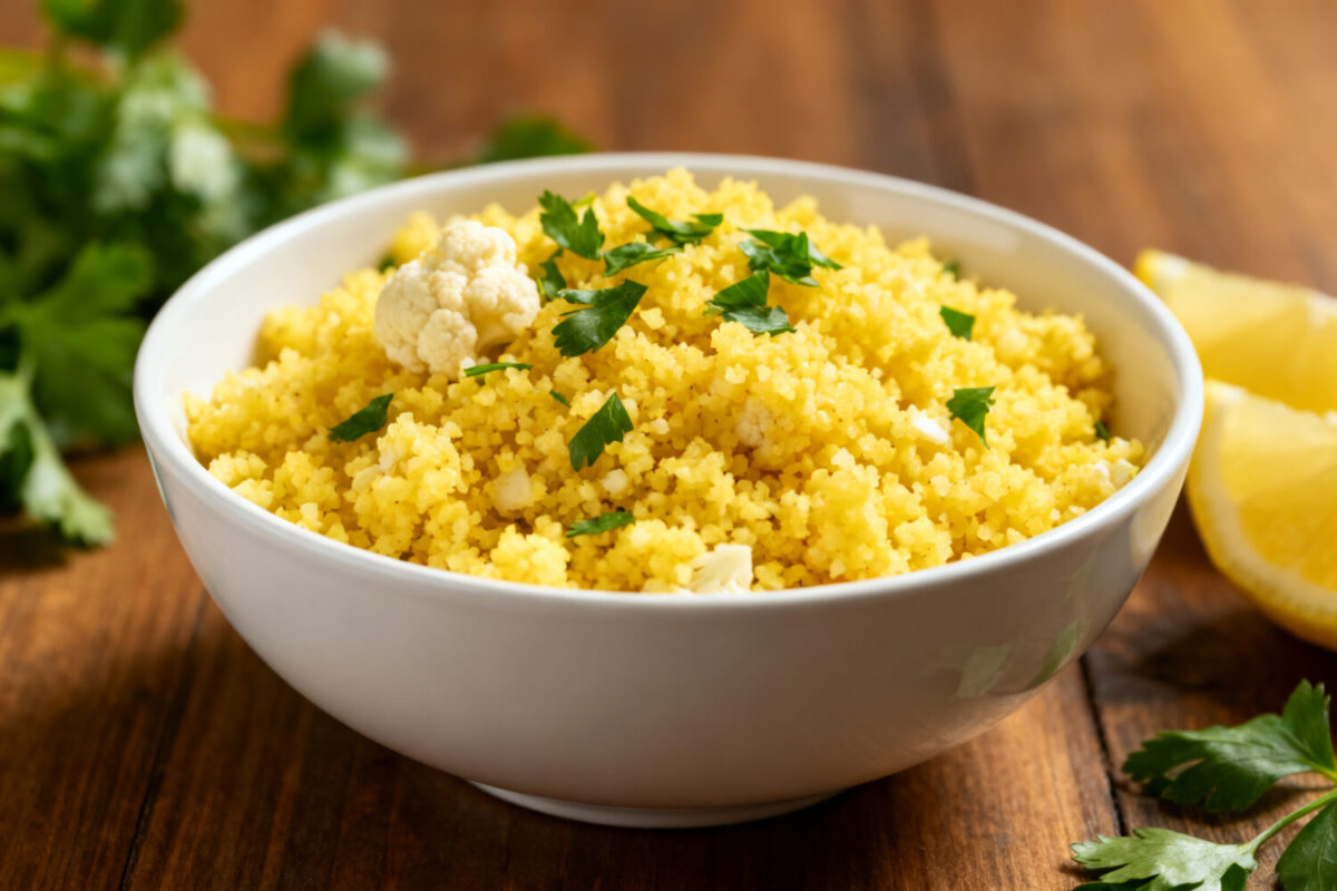 Air fryer cauliflower rice with fluffy roasted cauliflower, fresh herbs, and bright lemon flavor