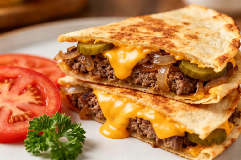 Air fryer cheeseburger quesadilla with seasoned ground beef, melted cheddar cheese, pickles, onions, and crispy golden tortillas