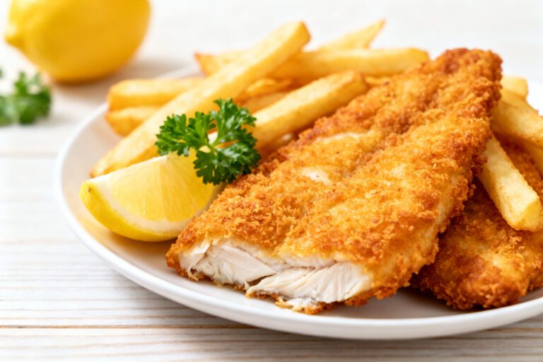 Air fryer fish and chips tilapia with crispy golden breaded fish, crunchy fries, and fresh lemon wedges