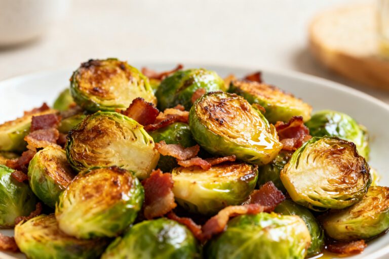 Air fryer Brussels sprouts with bacon featuring crispy roasted sprouts, smoky bacon pieces, and caramelized edges