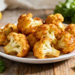 Air fryer battered cauliflower with a crispy golden coating, tender cauliflower florets, and fresh lemon wedges