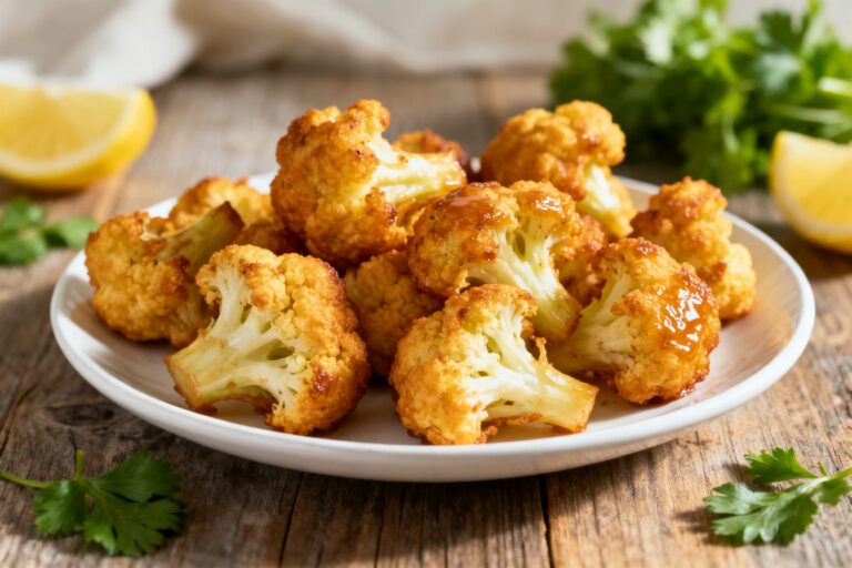 Air fryer battered cauliflower with a crispy golden coating, tender cauliflower florets, and fresh lemon wedges
